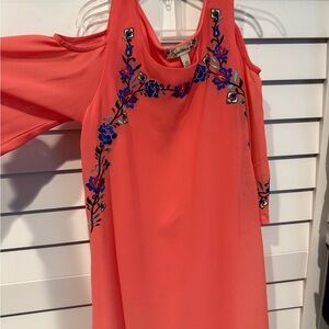 Speechless Coral One Shoulder Dress with Blue Embroidery